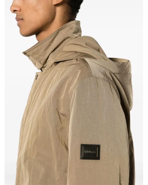 HUGO Natural Hooded Crinkled-Finish Raincoat for men