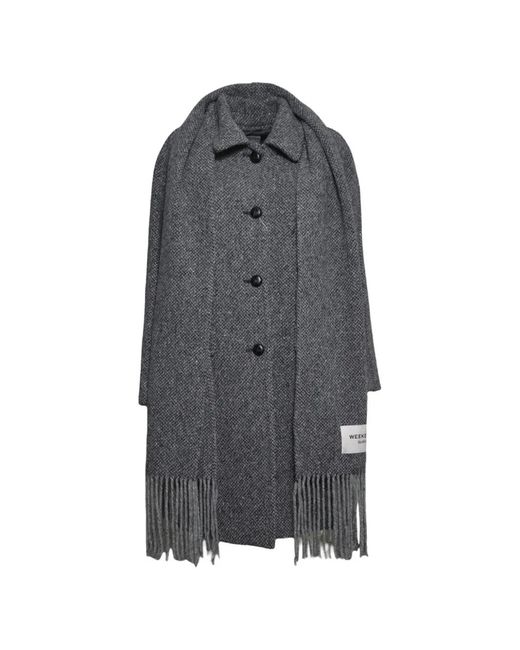 Weekend by Maxmara Gray Herringbone-Pattern Fringed Coat