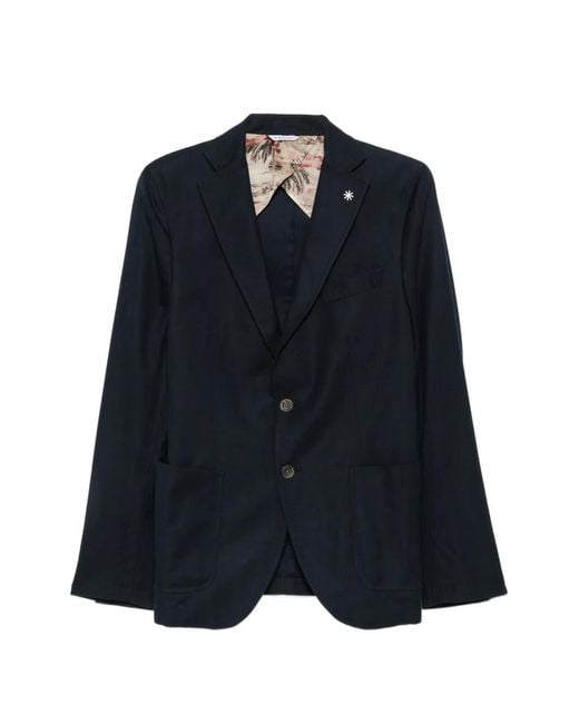 Manuel Ritz Blue Notched-Lapel Single-Breasted Cotton Blazer for men