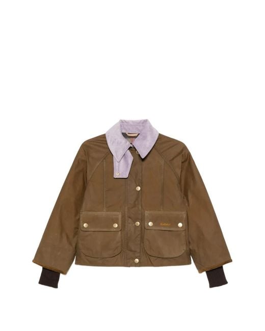 Barbour Brown Cropped Beadnell Corduroy-Collar Waxed Cotton Jacket