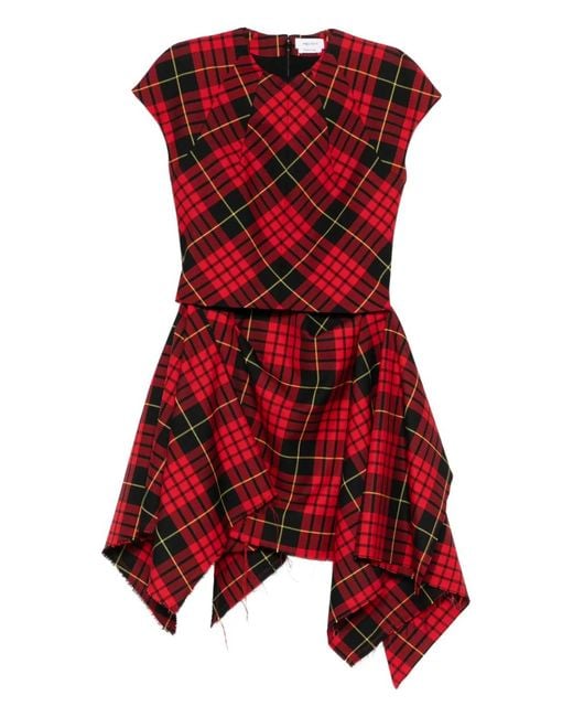 McQueen Red Check Draped Mini Dress
