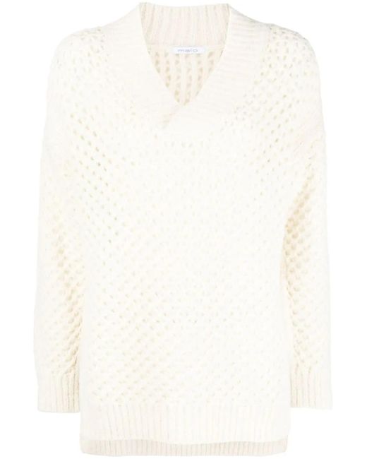 Malo White Open-Knit V-Neck Jumper