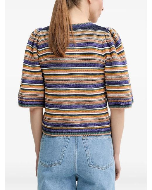 Ba&sh Blue Puff-Sleeve Striped T-Shirt