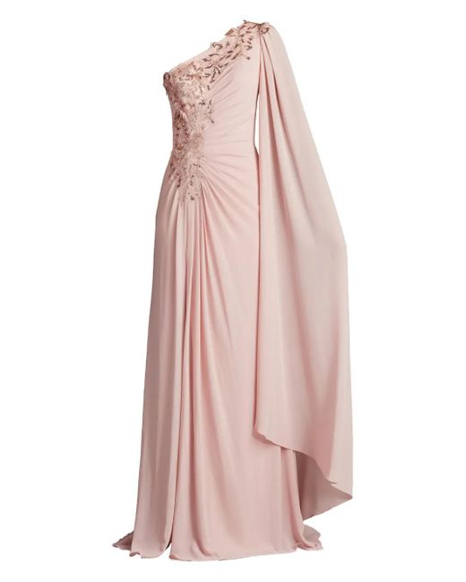 Tadashi Shoji Pink Pleated Cape-Sleeve Sequin Applique Gown