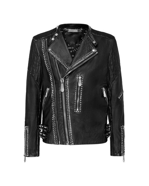 Philipp Plein Black Leather Biker Jacket Studs for men