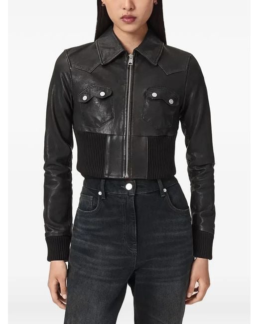 AllSaints Black Ribbed-Knit Panelled Leather Jacket