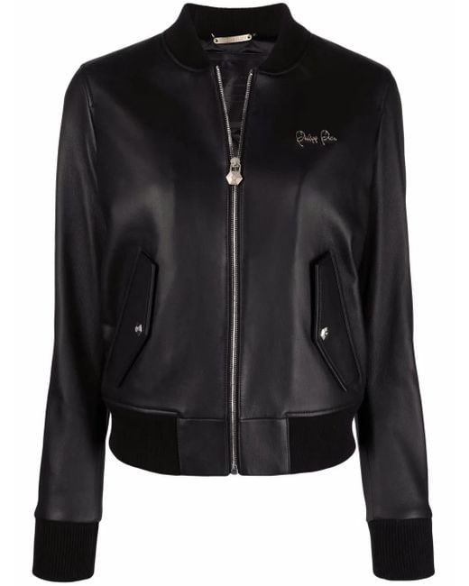 Philipp Plein Black Leather Bomber Jacket