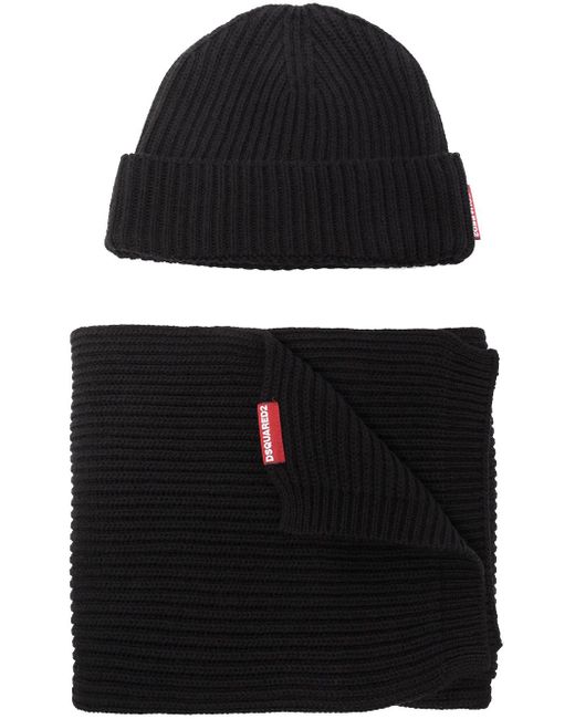 DSquared² Black Knitted Beanie Hat And Scarf Set for men