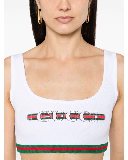 Gucci White Web-Detail Ribbed Crop Top