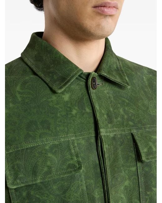 Etro Green Suede Jacket With Floral Paisley Pattern for men