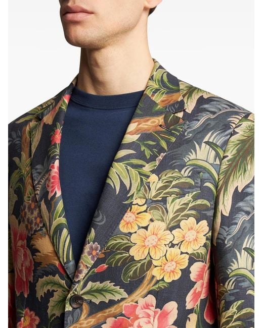 Etro Blue Floral-Print Single-Breasted Blazer for men