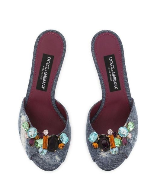 Dolce & Gabbana Blue Crystal-embellished Distressed Denim Mules