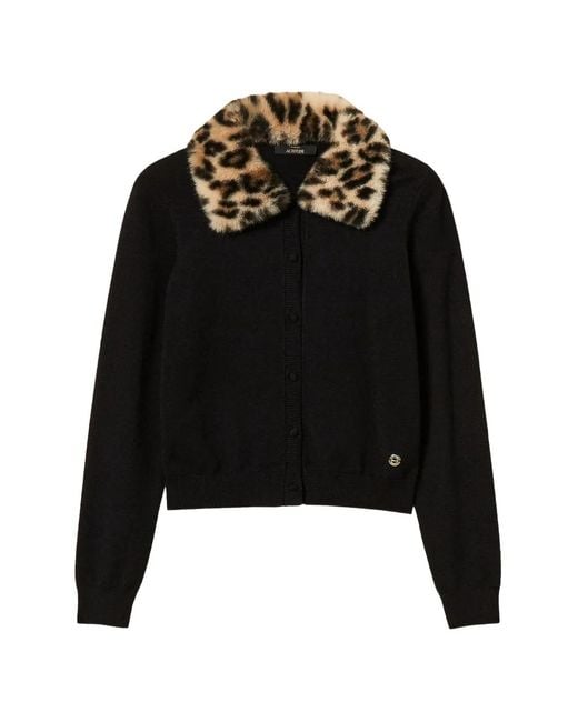 Twinset Black Jacket With Faux Fur And Knit Collar