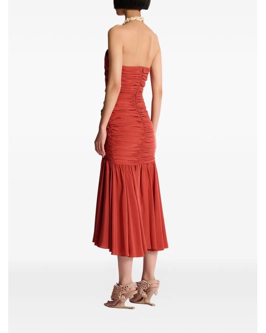 Balmain Red Ruched Halterneck Midi Dress