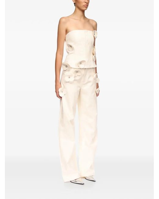 David Koma White 3D Flower Cotton Denim Trousers
