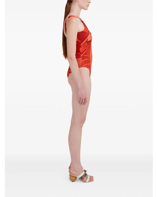 Ferragamo Red Fish-Print Swimsuit