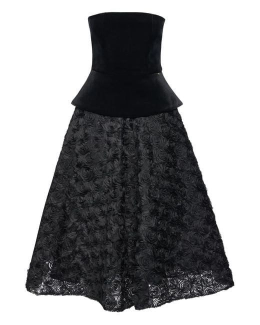 Nissa Black Petal-Layered Velvet Midi Dress