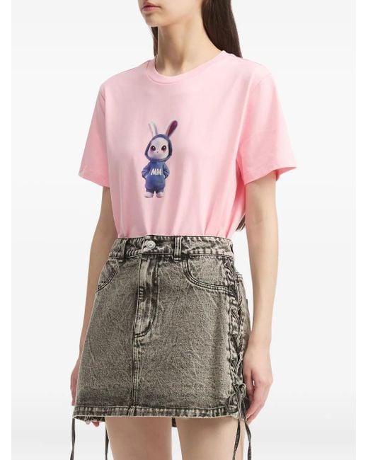Mini Cream Pink Rabbit-Print Cotton T-Shirt