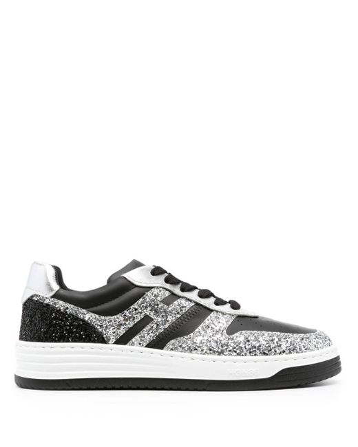 Hogan White H630 Glitter-detail Leather Sneakers