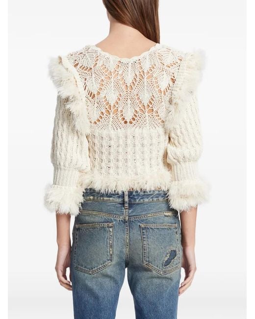 Ann Demeulemeester White Dudu Feather-Trim Pointelle-Knit Sweater