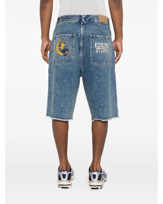 Kidsuper Blue Patch-Embellished Frayed-Edge Shorts for men