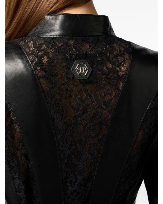 Philipp Plein Black Fitted Biker Jacket With Lace Inserts