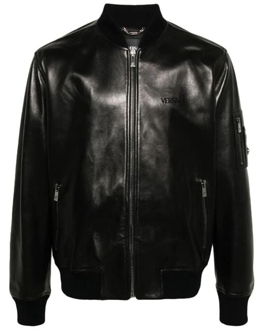 Versace Black Leather Bomber Jacket For Ss24 for men
