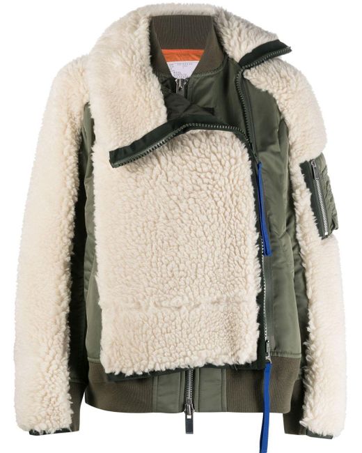Sacai Wool Shearling Panelled Jacket in Natural | Lyst