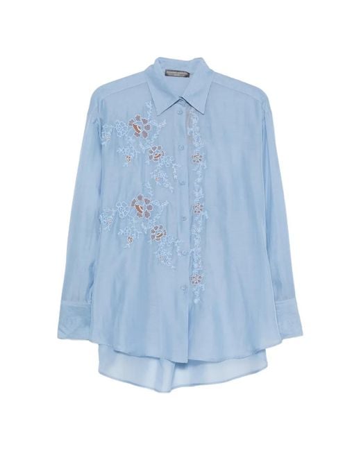 Ermanno Scervino Blue Floral-Embroidered Sheer Shirt
