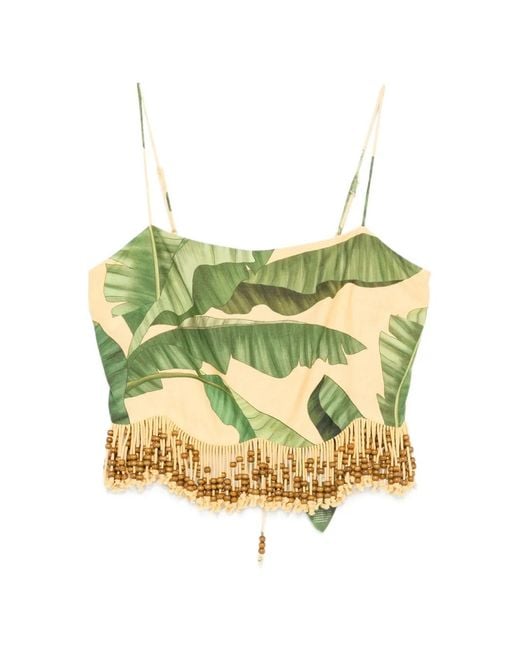 Farm Rio Yellow Beaded-Fringe Leaf-Print Top