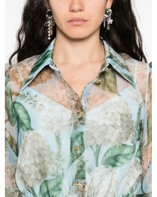 Nissa Green Printed Organza Midi Dress