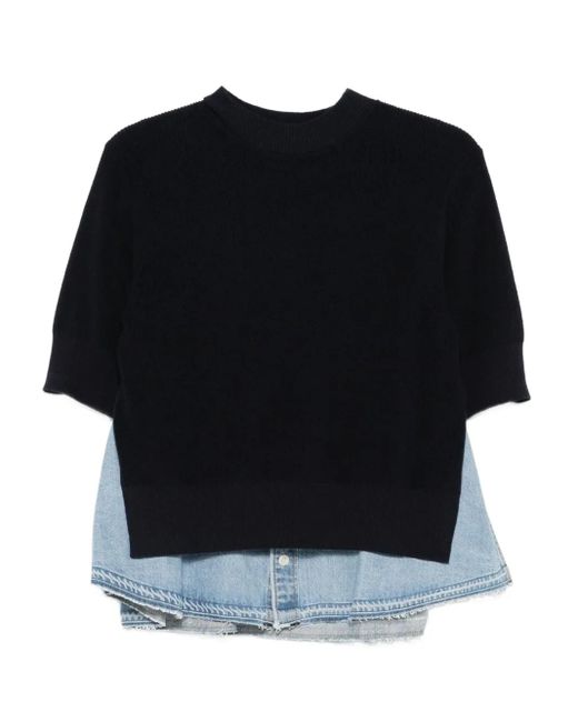Sacai Gebreide Trui Met Denim Vlakken in het Black