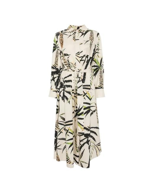 Psophia White Palm-Print Belted Midi Shirt Dress