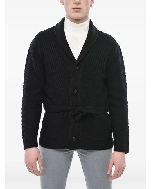 Paolo Pecora Black Belted Ribbed-Knit Cardigan for men