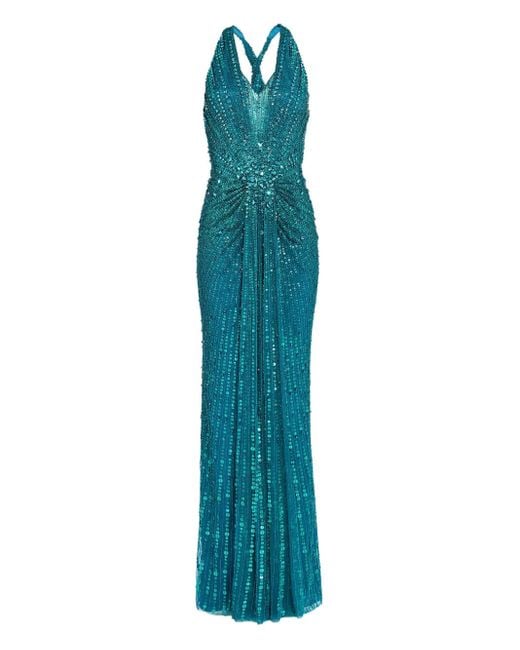 Jenny Packham Blue Verziertes Lana Neckholder-Maxikleid