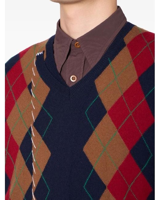 Kolor Blue Diamond-Pattern V-Neck Sweater for men