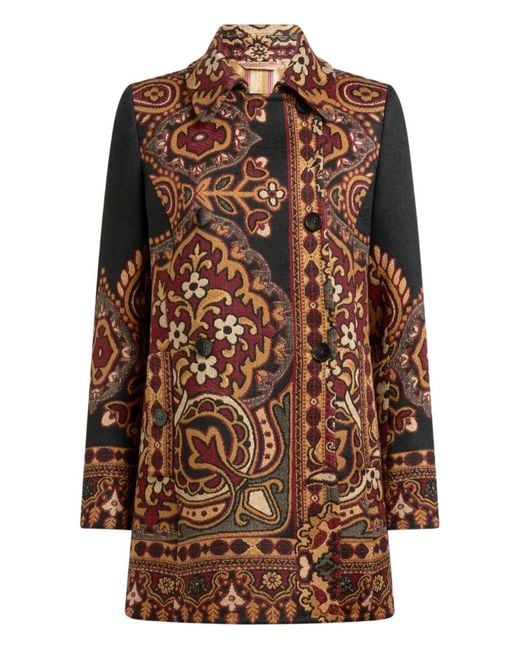 Etro Brown Double-Breasted Wool-Blend Jacquard Coat With Floral Motif