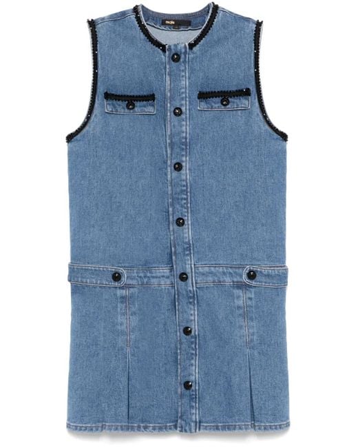 Maje Blue Embroidered-Trim Denim Mini Dress