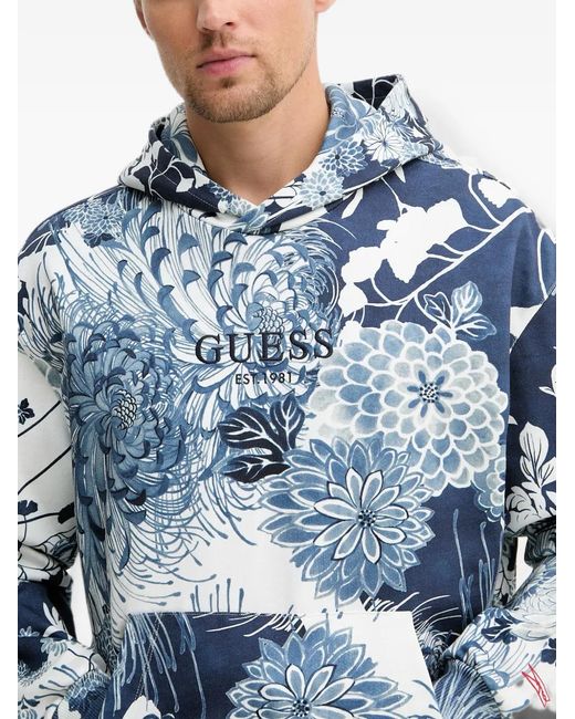 Guess Blue Floral-Print Hoodie for men