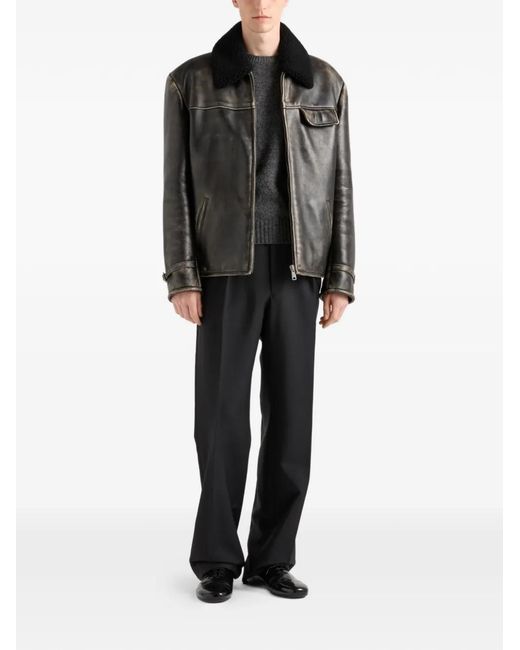 Prada Black Shearling-Trimmed Leather Jacket for men