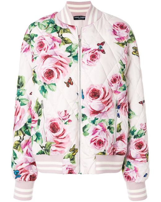 Dolce & Gabbana Pink Rose Print Bomber Jacket