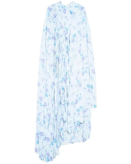 Balenciaga Blue Floral-print Pleated Maxi Dress