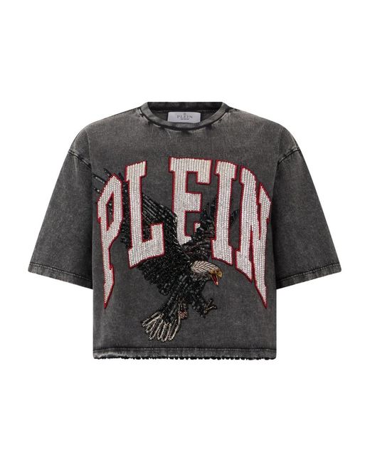 Philipp Plein Black Eagle-Print Crop T-Shirt
