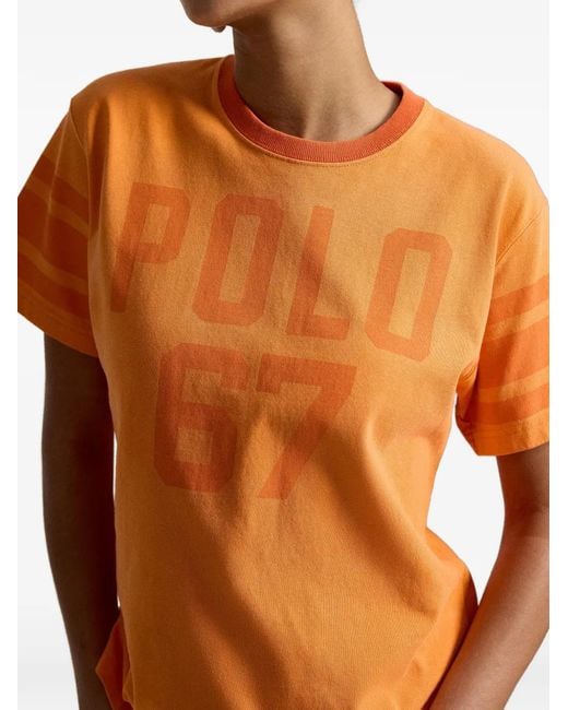 Polo Ralph Lauren Orange Graphic-Print Striped-Sleeve T-Shirt
