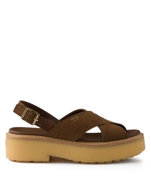 Prada Brown Buckle-Strap Suede Sandals
