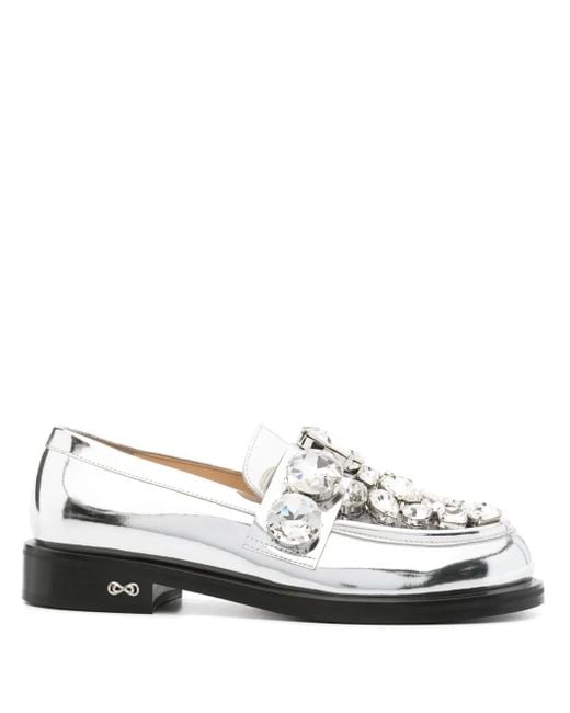 Mach & Mach White Crystal-Embellished Loafers