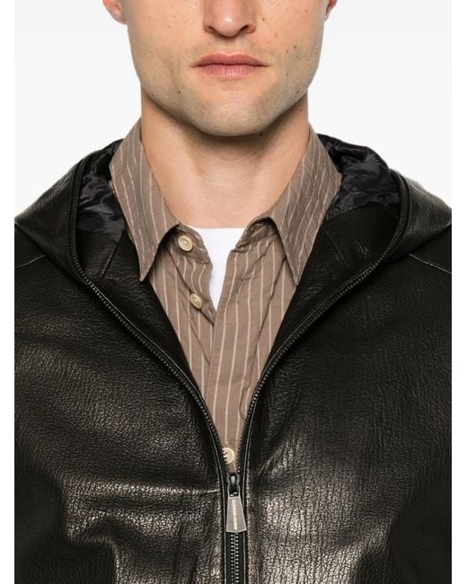 SERGIO MORETTI FIRENZE Black Hooded Leather Jacket for men