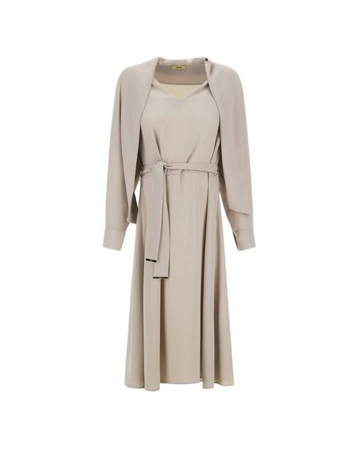 Herno Natural V-Neck Belt-Detail Midi Dress