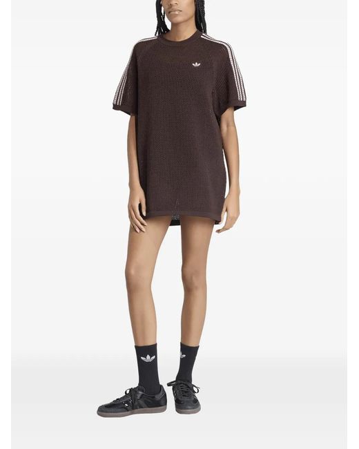 Adidas Brown Crochet-Knit Side-Stripe Mini Dress