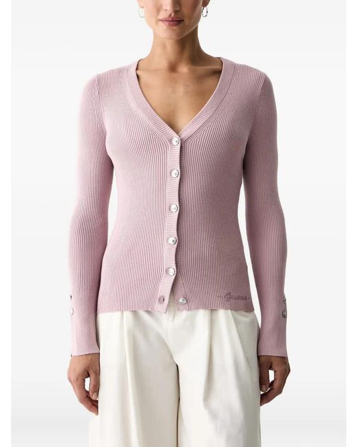 Guess Purple Ribbed-Knit V-Neck Cardigan